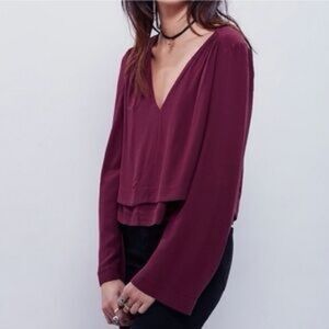 Free People Burgundy V-Neck Crop Top Medium